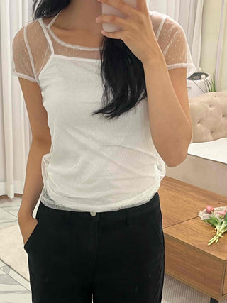 See-through Dot Mesh Layered Short Sleeve T-shirt