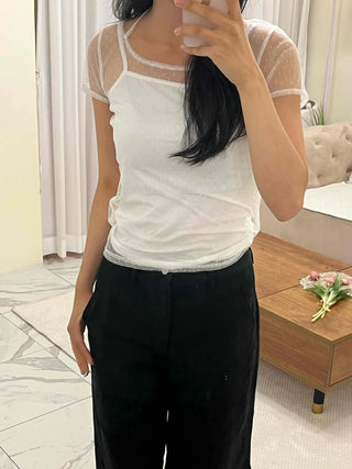 See-through Dot Mesh Layered Short Sleeve T-shirt