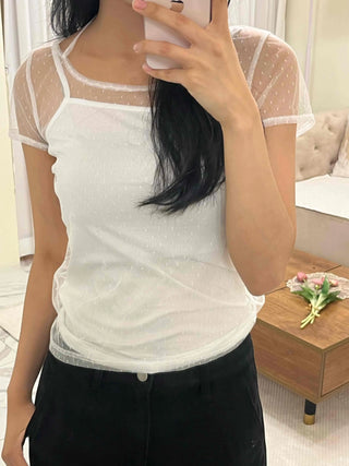 See-through Dot Mesh Layered Short Sleeve T-shirt