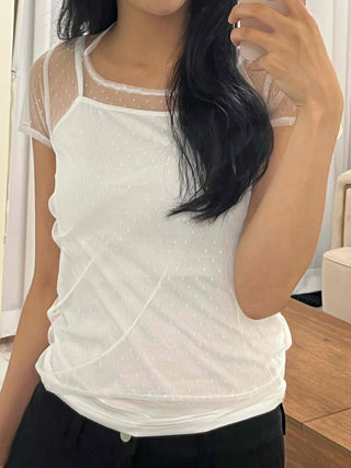See-through Dot Mesh Layered Short Sleeve T-shirt