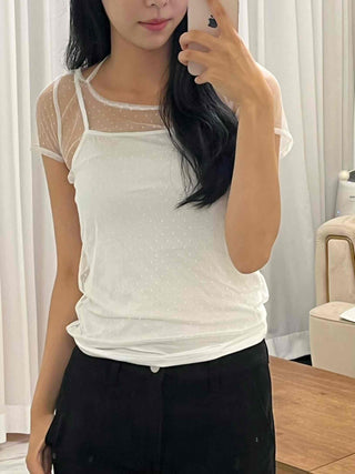 See-through Dot Mesh Layered Short Sleeve T-shirt