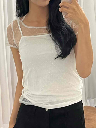 See-through Dot Mesh Layered Short Sleeve T-shirt