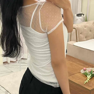 See-through Dot Mesh Layered Short Sleeve T-shirt