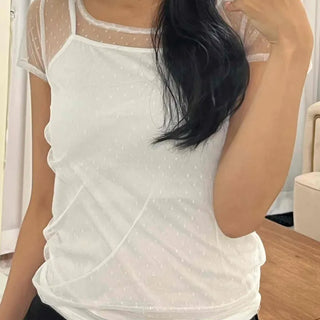 See-through Dot Mesh Layered Short Sleeve T-shirt