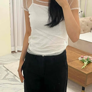 See-through Dot Mesh Layered Short Sleeve T-shirt