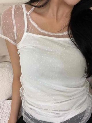 See-through Dot Mesh Layered Short Sleeve T-shirt