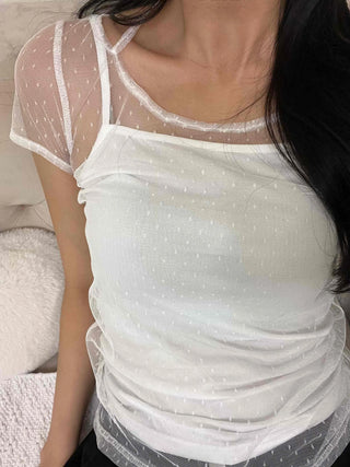 See-through Dot Mesh Layered Short Sleeve T-shirt