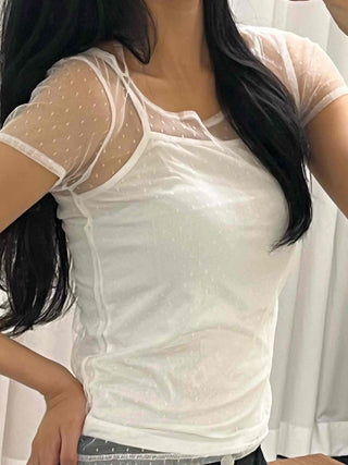 See-through Dot Mesh Layered Short Sleeve T-shirt