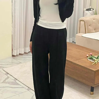 High-neck Ribbed Slim Knit Zip-up Set