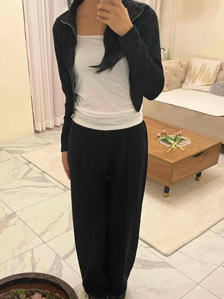 High-neck Ribbed Slim Knit Zip-up Set