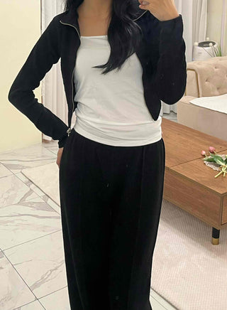 High-neck Ribbed Slim Knit Zip-up Set