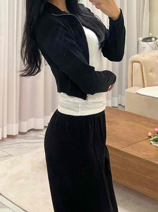 High-neck Ribbed Slim Knit Zip-up Set
