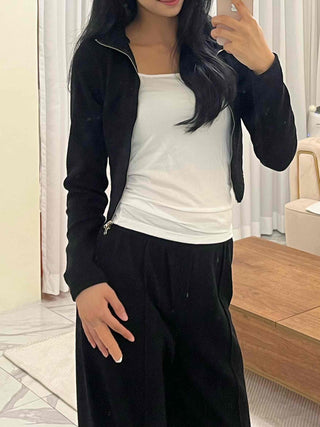 High-neck Ribbed Slim Knit Zip-up Set