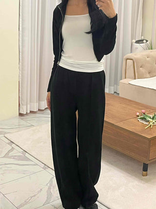 High-neck Ribbed Slim Knit Zip-up Set