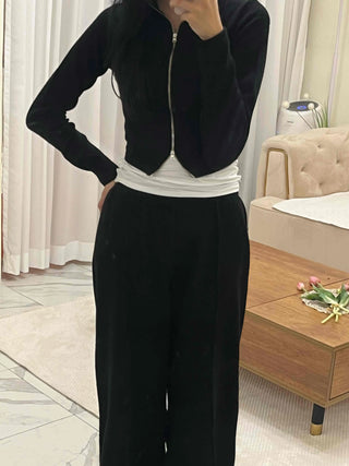 High-neck Ribbed Slim Knit Zip-up Set