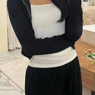 High-neck Ribbed Slim Knit Zip-up Set