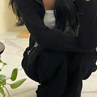 High-neck Ribbed Slim Knit Zip-up Set