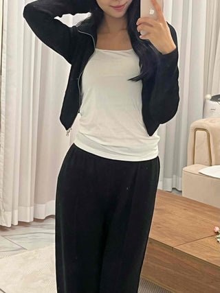 High-neck Ribbed Slim Knit Zip-up Set