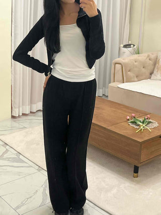 High-neck Ribbed Slim Knit Zip-up Set