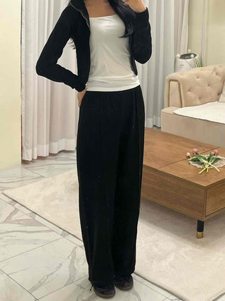 High-neck Ribbed Slim Knit Zip-up Set