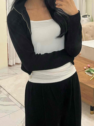 High-neck Ribbed Slim Knit Zip-up Set