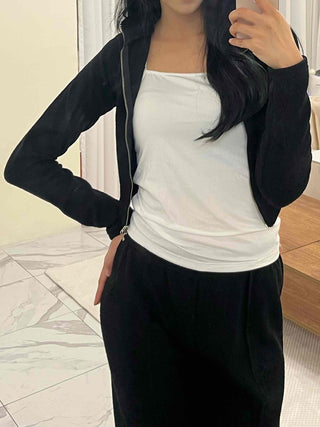 High-neck Ribbed Slim Knit Zip-up Set