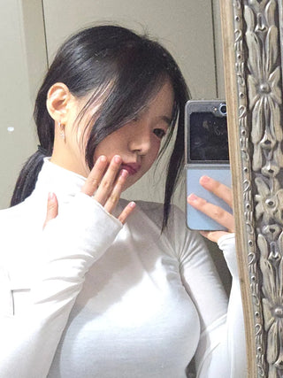 Slim Fit High Neck Cropped Ribbed Long Sleeve Tee