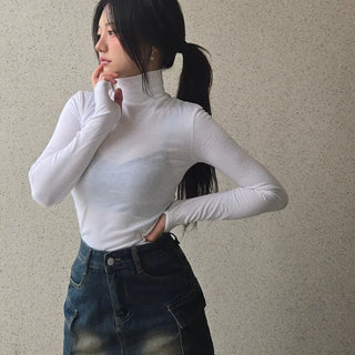 Slim Fit High Neck Cropped Ribbed Long Sleeve Tee