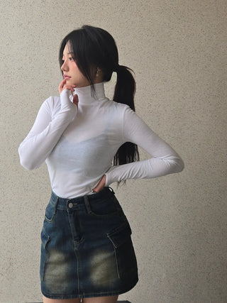 Slim Fit High Neck Cropped Ribbed Long Sleeve Tee