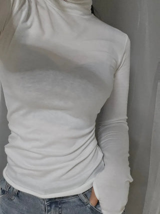 Slim Fit High Neck Cropped Ribbed Long Sleeve Tee