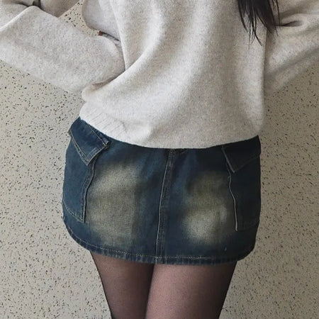 Slim Fit Washed Stitch Detail Denim Mini Skirt