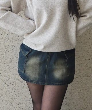 Slim Fit Washed Stitch Detail Denim Mini Skirt