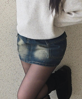 Slim Fit Washed Stitch Detail Denim Mini Skirt