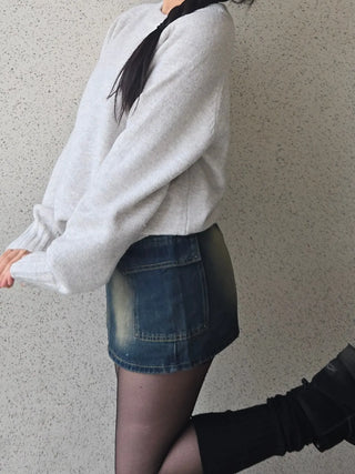 Slim Fit Washed Stitch Detail Denim Mini Skirt