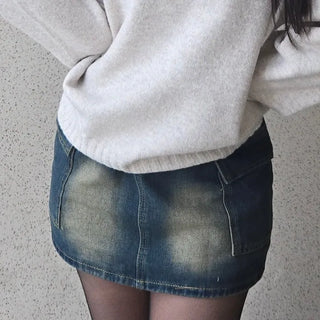 Slim Fit Washed Stitch Detail Denim Mini Skirt