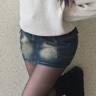 Slim Fit Washed Stitch Detail Denim Mini Skirt