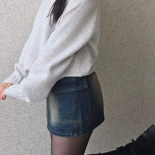 Slim Fit Washed Stitch Detail Denim Mini Skirt