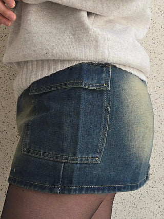 Slim Fit Washed Stitch Detail Denim Mini Skirt