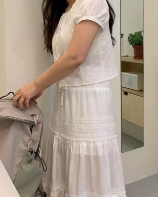 Labé Lace Tiered Elastic Maxi Long Skirt