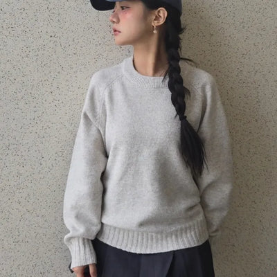 Campus Banding Cuff Balloon Sleeve Round Neck Knit