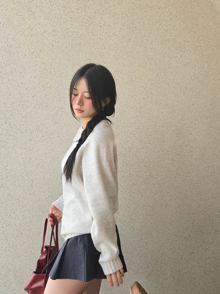 Campus Banding Cuff Balloon Sleeve Round Neck Knit