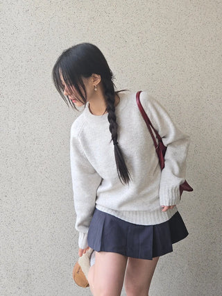 Campus Banding Cuff Balloon Sleeve Round Neck Knit