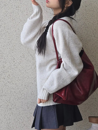 Campus Banding Cuff Balloon Sleeve Round Neck Knit