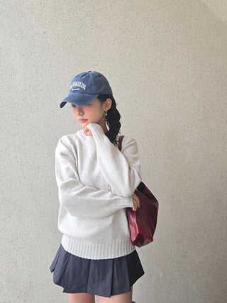 Campus Banding Cuff Balloon Sleeve Round Neck Knit