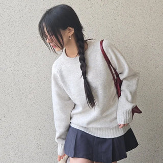 Campus Banding Cuff Balloon Sleeve Round Neck Knit