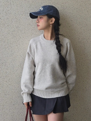 Campus Banding Cuff Balloon Sleeve Round Neck Knit