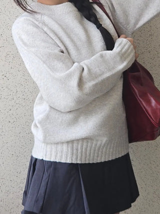 Campus Banding Cuff Balloon Sleeve Round Neck Knit