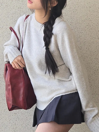 Campus Banding Cuff Balloon Sleeve Round Neck Knit