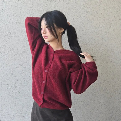 Oversized Button Cropped Loose Knit Cardigan