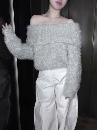 Soft Fuzzy Square Neck Balloon Sleeve Knit